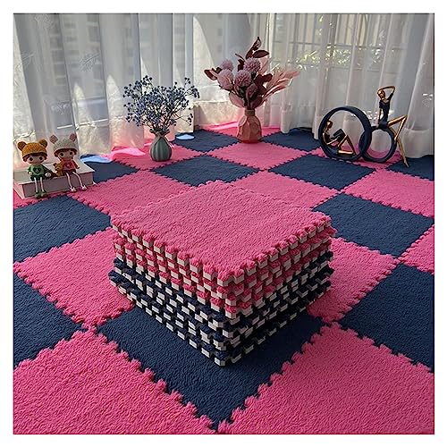 12-teilige Puzzle-Spielmatte, Flauschige Plüsch-Teppichfliesen, Quadratisches Schaumstoff-Teppich-Set, Schaumstoff-Bodenfliesen Für Spielzimmer, Schlafzimmer, 30 X 30 cm(Color:Rosenrot+Marineblau) von YYGDPFLSXSB