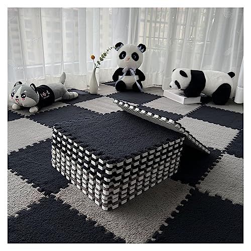 12-teilige Puzzle-Spielmatte, Flauschige Plüsch-Teppichfliesen, Quadratisches Schaumstoff-Teppich-Set, Schaumstoff-Bodenfliesen Für Spielzimmer, Schlafzimmer, 30 X 30 cm(Color:Schwarz+Grau) von YYGDPFLSXSB