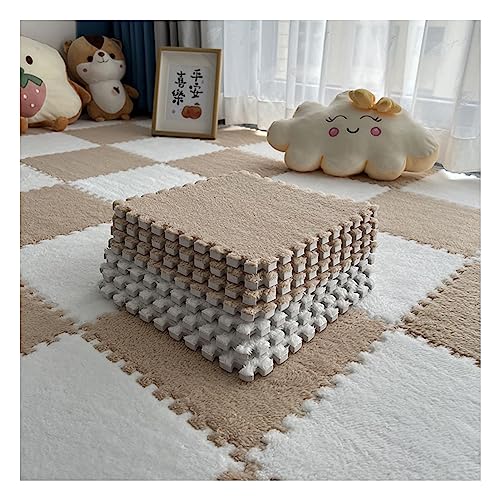 12-teilige Puzzle-Spielmatte, Flauschige Plüsch-Teppichfliesen, Quadratisches Schaumstoff-Teppich-Set, Schaumstoff-Bodenfliesen Für Spielzimmer, Schlafzimmer, 30 X 30 cm(Color:Weiß+Heller Kaffee) von YYGDPFLSXSB