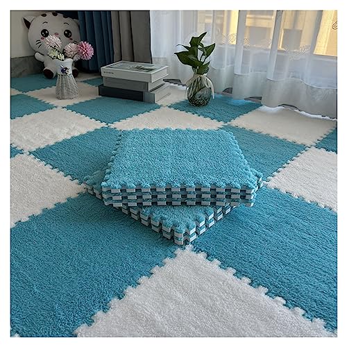 Verdickte, Ineinandergreifende Plüschschaum-Bodenmatte, Flauschige Quadratische Teppichschaumfliesen, Rutschfester Puzzle-Spielmatten-Teppich Für Schlafzimme(Size:10Tiles,Color:Blau+Weiß) von YYGDPFLSXSB