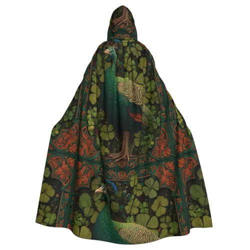 YYHHAOFA Grüner Pfau im Kleeblatt-Muster, Halloween-Erwachsenen-Kapuzenumhang, Herren- und Damenbekleidung, Mantel, Rollenspiel von YYHHAOFA