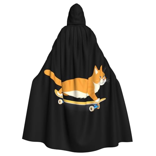 YYHHAOFA Umhang mit Kapuze für Erwachsene, Motiv: orangefarbene Katze auf Skateboard, kein Reißverschluss, bequem für Kostümpartys von YYHHAOFA