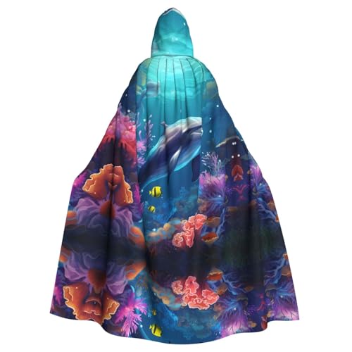 YYHHAOFA Wunderschöner Unterwasserwelt-Umhang mit Delfinen, Korallendruck, Halloween, Erwachsene, Kapuzenumhang für Cosplay, Kostümpartys und mehr von YYHHAOFA