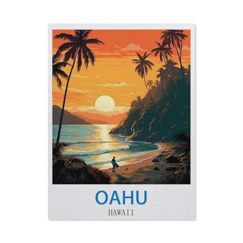 1000 Stück，Oahu, Hawaii – Vintage Reiseplakate für Surfen，Puzzle Für Erwachsene Lernspielzeug Für Kinder Kreative Spiele Unterhaltung Holz Puzzles Home Decor（75x50cm）-CJ84 von YYHMKBYY