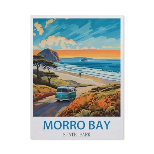 1000-Stück Puzzle Für Erwachsene Und Kinder-Holz Puzzle，Morro Bay State Park, Kalifornien – Vintage Reiseplakate für Surfen，Familie Interaktive Spiele Große Ferien Freizeit（75x50cm）-CK44 von YYHMKBYY