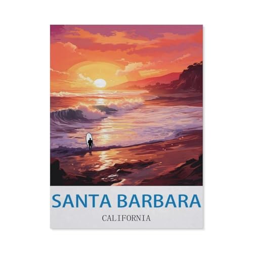 1000-Stück Puzzle Für Erwachsene Und Kinder-Holz Puzzle，Santa Barbara, Kalifornien – Vintage Reiseplakate (Surfen)，Familie Interaktive Spiele Große Ferien Freizeit（75x50cm）-CV45 von YYHMKBYY