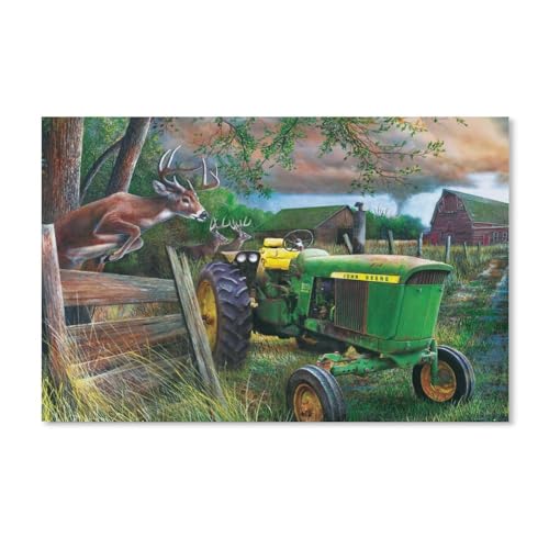 1000 Teile Puzzle Für Erwachsene Und Kinder，Landwirtschaftlicher Traktor und Springender Elch，Stressabbau Herausforderung Bodenpuzzle DIY Home Wanddekoration（50x70cm）-G60 von YYHMKBYY