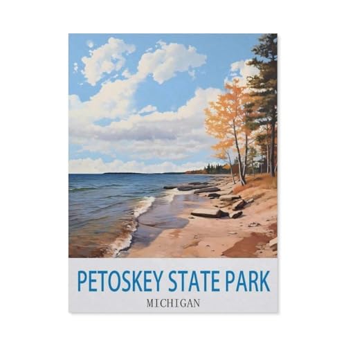 1000 Teile Puzzle Für Erwachsene Und Kinder，Petoskey State Park, Michigan – Vintage Reiseplakate，Stressabbau Herausforderung Bodenpuzzle DIY Home Wanddekoration（38x26cm）-CX1 von YYHMKBYY