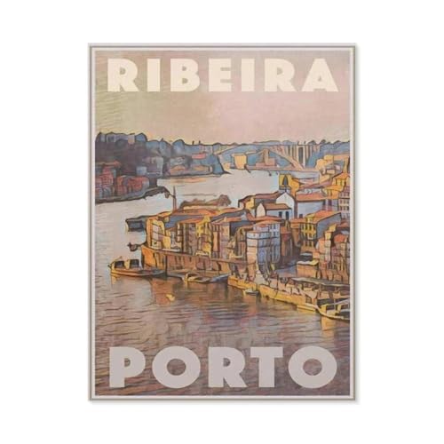 1000 Teile Puzzle Für Erwachsene Und Kinder，Porto Ribeira Portugal Vintage Reiseposter，Stressabbau Herausforderung Bodenpuzzle DIY Home Wanddekoration（38x26cm）-BK14 von YYHMKBYY