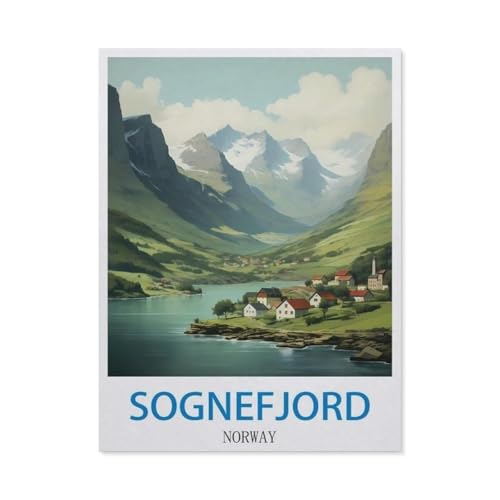 1000 Teile Puzzle Für Erwachsene Und Kinder，Sognefjord, Norwegen – Vintage Reiseplakate，Stressabbau Herausforderung Bodenpuzzle DIY Home Wanddekoration（38x26cm）-DE34 von YYHMKBYY