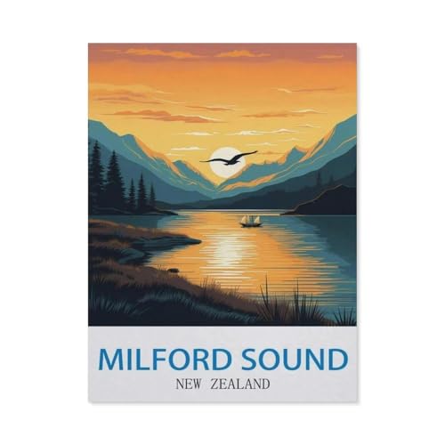 1000Pcs，Milford Sound, Neuseeland – Vintage Reiseplakat (Sonnenuntergang)，Erwachsenen Dekompression Spiel Puzzle Studenten Spielzeug Für Kinder Weihnachten Geburtstagsgeschenke（75x50cm）-CW6 von YYHMKBYY