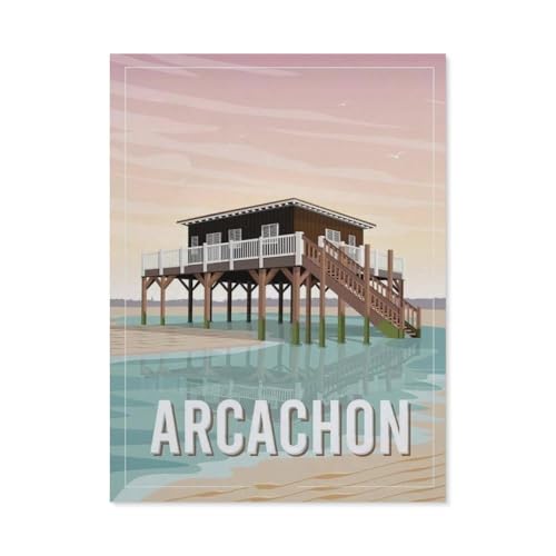Arcachon Frankreich Vintage Reiseposter，3D Puzzle 1000 Stück, Holz Montiert DIY Puzzle Montage Spielzeug Für Kinder, Holz Puzzle Holz Geschenk（75x50cm）-BO5 von YYHMKBYY