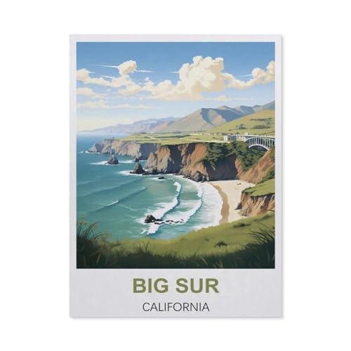 Big Sur Kalifornien Vintage Reiseplakat，Puzzle 1000 Teile Holz Puzzle Geeignet Für Erwachsene Kinder Familien Stressabbau Puzzlespiele（75x50cm）-CA51 von YYHMKBYY
