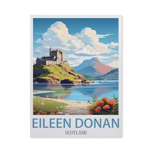 Eilean Donan Schottland Vintage Reiseplakat，1000 Stück Erwachsene Holz Landschaft Puzzles Für Kinder Lernspielzeug Geschenke（75x50cm）-CF71 von YYHMKBYY