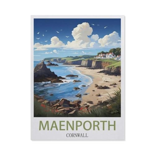 Erwachsene Puzzle 1000 Stück DIY Holz pielzeug，Maenporth Cornwall Vintage Reiseplakat，Creative Einzigartiges Geschenk Persönlichkeit Spiel Erwachsener Kind Puzzle Spielzeug（75x50cm）-CE51 von YYHMKBYY