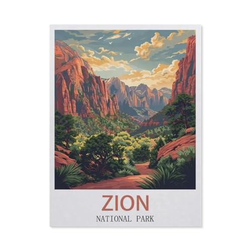 Erwachsene Puzzle 1000 Stück DIY Holz pielzeug，Zion-Nationalpark Vintage Reiseplakat，Creative Einzigartiges Geschenk Persönlichkeit Spiel Erwachsener Kind Puzzle Spielzeug（75x50cm）-CG70 von YYHMKBYY