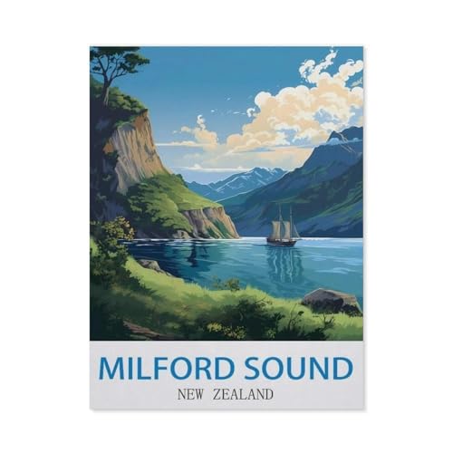 Erwachsene Puzzle 1000 Stück DIY Papier pielzeug，Milford Sound, Neuseeland – Vintage Reiseplakate，Creative Einzigartiges Geschenk Persönlichkeit Spiel Erwachsener Kind Puzzle Spielzeug（38x26cm）-CW85 von YYHMKBYY