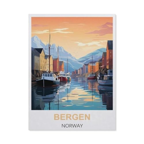 Erwachsene und Kinder Puzzle 1000 Teile Puzzle，Bergen Norwegen Vintage Reiseplakat，einfaches Puzzlespiel Rollenpuzzle Lernspiel Spielzeug Familie Dekoration（75x50cm）-CA61 von YYHMKBYY