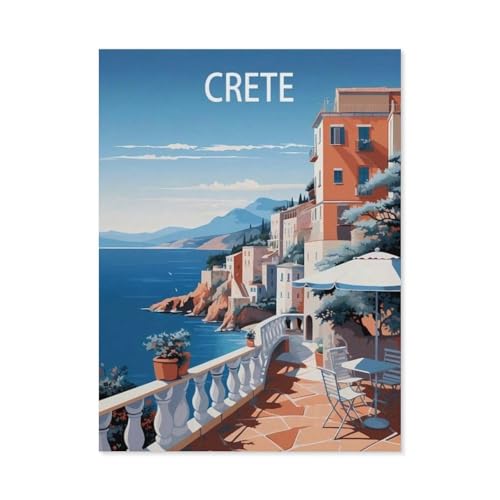 Erwachsene und Kinder Puzzle 1000 Teile Puzzle，Kreta, Griechenland, Vintage-Reiseposter, Küste，einfaches Puzzlespiel Rollenpuzzle Lernspiel Spielzeug Familie Dekoration（50x70cm）-BB70 von YYHMKBYY