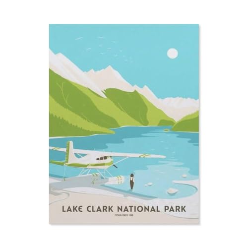 Erwachsene und Kinder Puzzle 1000 Teile Puzzle，Lake Clark National Park Vintage Reiseposter Flugzeug Mädchen，einfaches Puzzlespiel Rollenpuzzle Lernspiel Spielzeug Familie Dekoration（38x26cm）-BM68 von YYHMKBYY