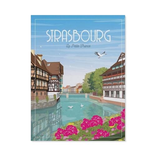 Erwachsene und Kinder Puzzle 1000 Teile Puzzle，Straßburg Frankreich Vintage Reiseposter，einfaches Puzzlespiel Rollenpuzzle Lernspiel Spielzeug Familie Dekoration（38x26cm）-BO14 von YYHMKBYY