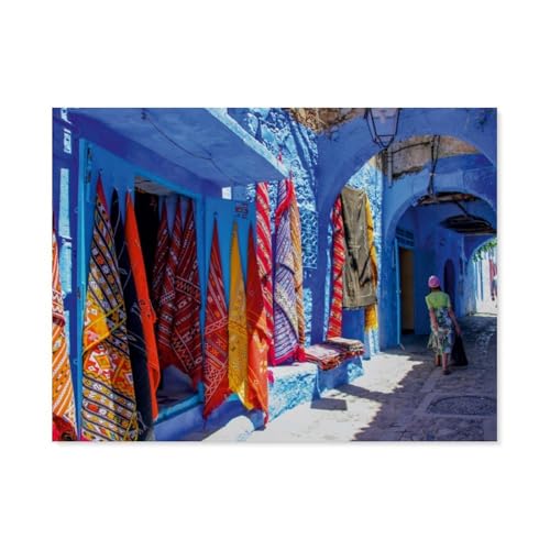 Farbtupfer in Chefchaouen，1000 Teile Papier Puzzle,einzigartiges Puzzle, Geschenk Für Erwachsene,Familienspiel,Herausforderungsaktivität（50x70cm）-BA28 von YYHMKBYY