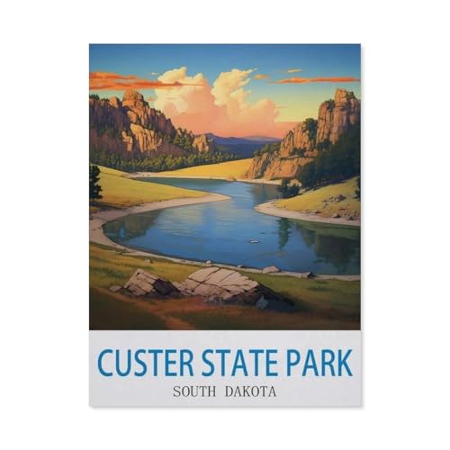 Holz Jigsaw Puzzle 1000 Stück，Custer State Park, South Dakota – Vintage Reiseplakat，Erwachsene Kinder Spielzeug Dekompressionsspiel（75x50cm）-CT77 von YYHMKBYY