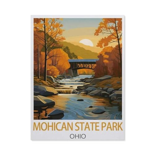 Holz Jigsaw Puzzle 1000 Stück，Ohio Mohican State Park, Vintage-Reiseposter，Erwachsene Kinder Spielzeug Dekompressionsspiel（75x50cm）-AH97 von YYHMKBYY