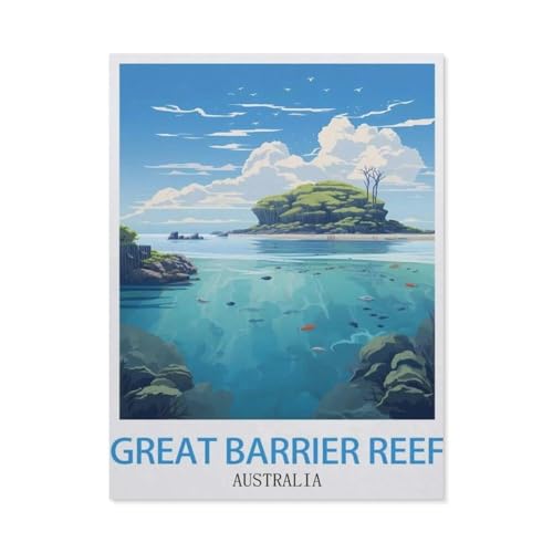 Holz Puzzle 1000 Stück，Great Barrier Reef Australien Vintage-Reiseposter，Puzzles Lernspielzeug Für Erwachsene Geburtstagsgeschenk（75x50cm）-AX40 von YYHMKBYY