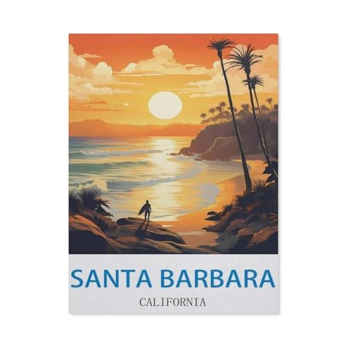 Holz Puzzle 1000 Stück，Santa Barbara, Kalifornien – Surfplakate，Puzzles Lernspielzeug Für Erwachsene Geburtstagsgeschenk（75x50cm）-CV28 von YYHMKBYY