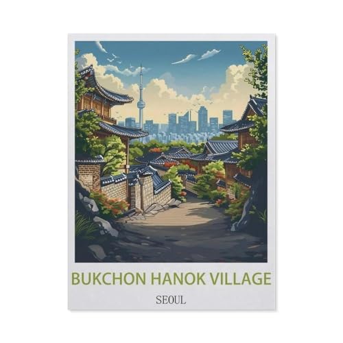 Holz Puzzle Puzzle 1000 Stück，Bukchon Hanok Village, Seoul Vintage-Reiseposter，Puzzles Lernspielzeug Für Erwachsene Geburtstagsgeschenk Home Decoration（75x50cm）-CH47 von YYHMKBYY
