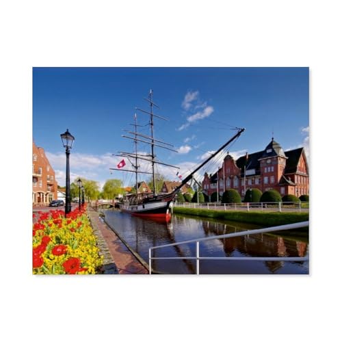 Holz Puzzle Puzzle 1000 Teile，Rathaus Papenburg und Brigg Friederike，Erwachsene Klassische Pädagogisches Spielzeug Kinder Lernspiel Herausforderndes Puzzles（75x50cm）-AU43 von YYHMKBYY
