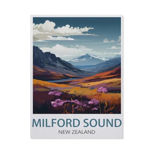 Holzpuzzle Puzzle 1000 Stück，Milford Sound New Zealand Vintage-Reiseposter，Lernspielzeug Für Erwachsene Geburtstagsgeschenk Dekoration（75x50cm）-AP56 von YYHMKBYY