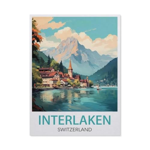 Interlaken Vintage-Reiseposter, Schweiz，1000 Stück Erwachsene Holz Landschaft Puzzles Für Kinder Lernspielzeug Geschenke（75x50cm）-AZ44 von YYHMKBYY