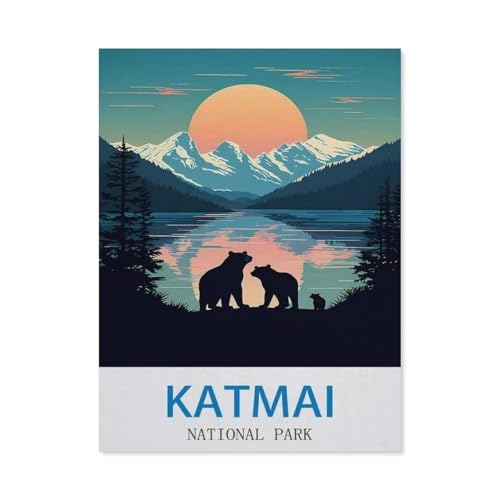 Katmai National Park – Vintage Reiseplakat，Puzzles 1000 Teile für Erwachsene, Klassische Puzzle Kinder Puzzle Herausfordernde Und Schwierige Rätsel für Erwachsene Und Jugendliche（38x26cm）-CX94 von YYHMKBYY