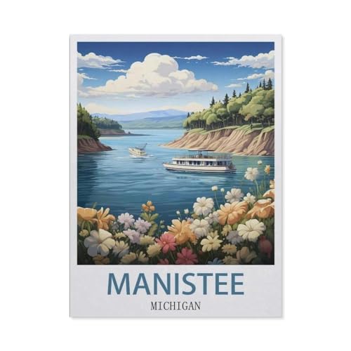 Manistee Michigan Vintage Reiseplakate，1000 Stück Erwachsene Holz Landschaft Puzzles Für Kinder Lernspielzeug Geschenke（75x50cm）-CH17 von YYHMKBYY