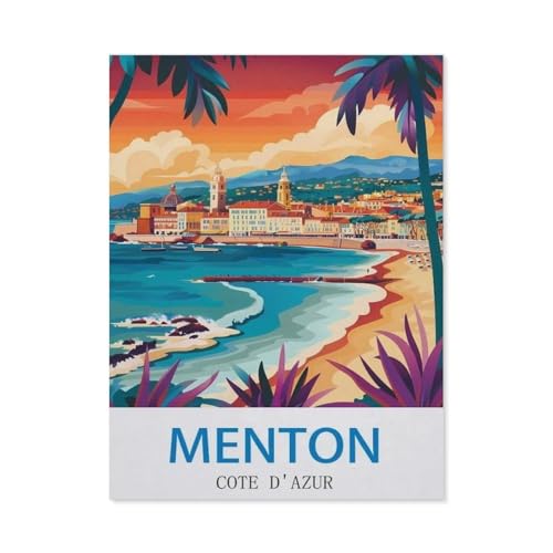 Menton, Côte d'Azur – Vintage Reiseplakat，Puzzle 1000 Teile Holz Puzzle Erwachsene Kinder Lernspielzeug Familie Dekompressionsspiel（75x50cm）-CZ42 von YYHMKBYY