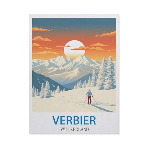 Puzzle，Verbier, Schweiz – Vintage Reiseplakate (Ski)，Für Kinder Und Erwachsene Holz Personalisiertes Puzzle-Spaß-Spiel 1000pcs（75x50cm）-DA47 von YYHMKBYY