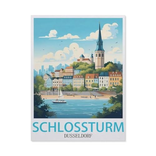 Puzzle 1000 Stück，Schlossturm Düsseldorf Vintage-Reiseposter，Papier Kinderspielzeug Dekompression Spiel（50x70cm）-AX31 von YYHMKBYY
