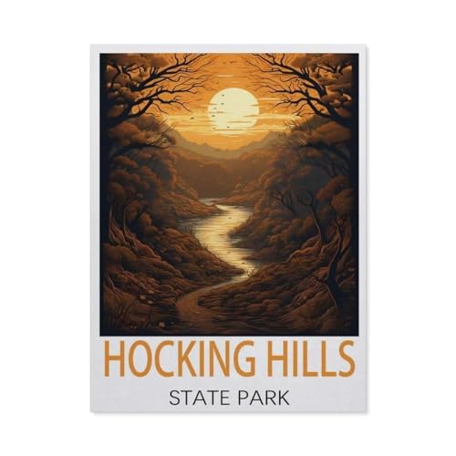 Puzzle 1000 Teile DIY Holz Puzzle，Hocking Hills State Park Vintage-Reiseposter，Freizeit Creative Kreuzworträtsel Spiel Kind Puzzle Spielzeug Geburtstag Festival Einzigartiges Geschenk（75x50cm）-AI32 von YYHMKBYY