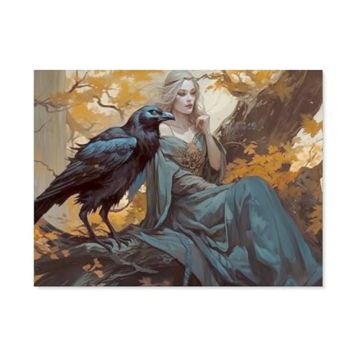 Puzzle 1000 Teile DIY Holz Puzzle，Junge Priesterin mit schwarzem Vogel，Freizeit Creative Kreuzworträtsel Spiel Kind Puzzle Spielzeug Geburtstag Festival Einzigartiges Geschenk（75x50cm）-AO6 von YYHMKBYY
