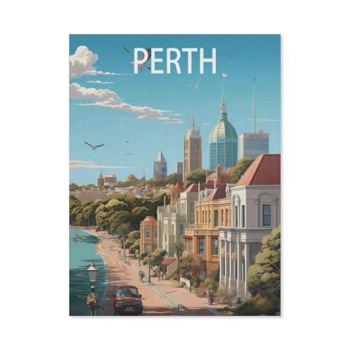Puzzle 1000 Teile DIY Holz Puzzle，Perth Australien Vintage-Reiseposter，Freizeit Creative Kreuzworträtsel Spiel Kind Puzzle Spielzeug Geburtstag Festival Einzigartiges Geschenk（75x50cm）-BC14 von YYHMKBYY