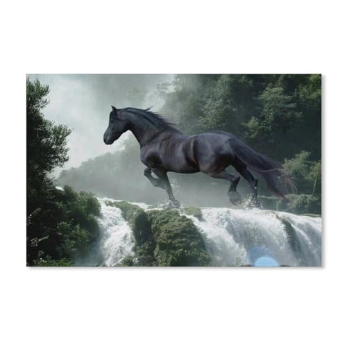 Puzzle 1000 Teile Erwachsene Kinde Spaß Lernspielzeug Geschenke，Schwarzes Pferd läuft auf dem Wasserfall(75x50cm-G58 von YYHMKBYY