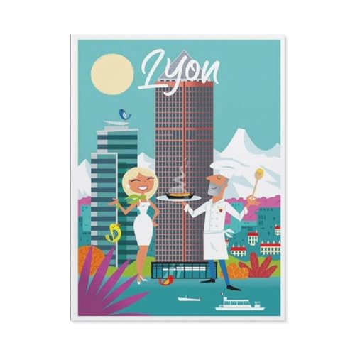 Puzzle 1000 Teile Erwachsene Puzzle Holz Puzzle Klassisches 3D Puzzle，Lyon Frankreich Skyline Vintage Reise Poster，DIY Collectibles Moderne Wohnkultur（75x50cm）-BP33 von YYHMKBYY