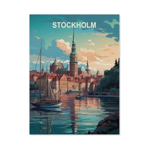 Puzzle 1000 Teile Erwachsenen Puzzle，Stockholm Vintage-Reiseplakat，Kind Aus Holz Puzzle Panorama Art DIY Leisure Game Fun Geschenk Spielzeug Geeignete Freunde Familie（75x50cm）-BV1 von YYHMKBYY