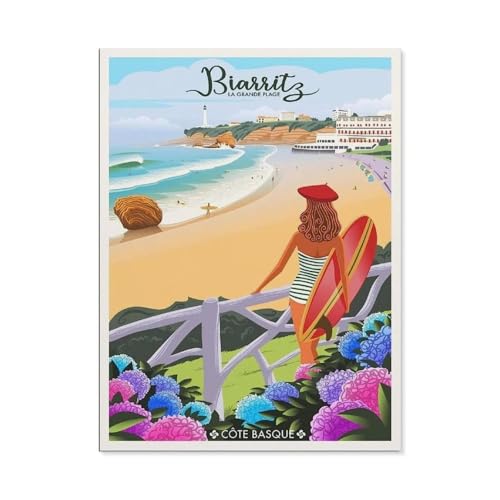 Puzzle 1000 Teile Landschaft Erwachsene Puzzle Holz Puzzle 3D Klassisches Puzzle，Biarritz, Frankreich, der große Strand，DIY Moderne Kunst Hauptdekor（75x50cm）-BK84 von YYHMKBYY