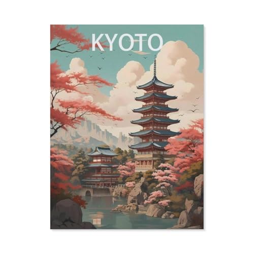 Puzzle 1000 Teile Landschaft Erwachsene Puzzle Holz Puzzle 3D Klassisches Puzzle，Kyoto Japanisches Vintage-Reiseposter，DIY Moderne Kunst Hauptdekor（75x50cm）-AM61 von YYHMKBYY