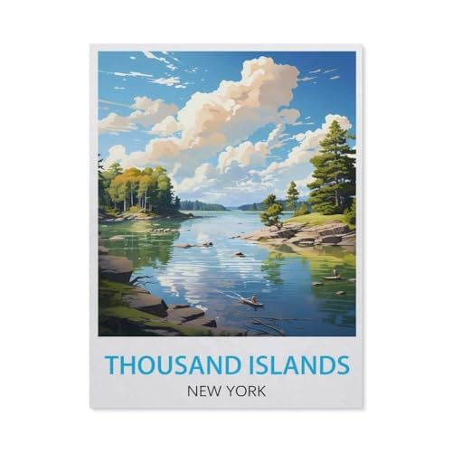 Puzzle 1000 Teile Landschaft Erwachsene Puzzle Holz Puzzle 3D Klassisches Puzzle，Vintage-Reiseposter,Thousand Islands New York，DIY Moderne Kunst Hauptdekor（75x50cm）-AL88 von YYHMKBYY