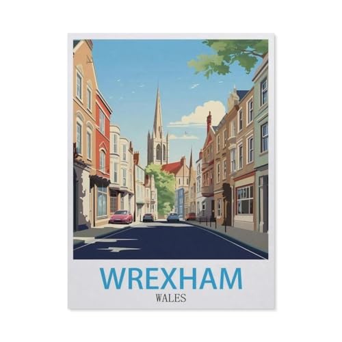 Puzzle 1000 Teile Landschaft Erwachsene Puzzle Holz Puzzle 3D Klassisches Puzzle，Wrexham Wales Vintage-Reiseposter，DIY Moderne Kunst Hauptdekor（75x50cm）-AX64 von YYHMKBYY