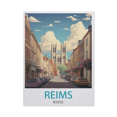 Puzzle 1000 Teile Landschaft Erwachsene Puzzle Papier Puzzle 3D Klassisches Puzzle，Reims Marne Vintage-Reiseposter，DIY Moderne Kunst Hauptdekor（50x70cm）-BT63 von YYHMKBYY